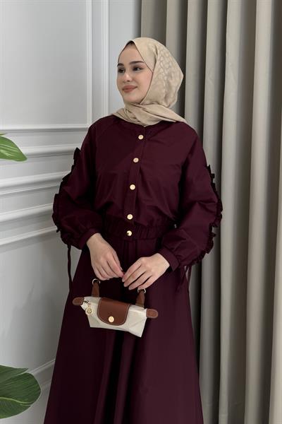 Kol Büzgülü Jileli Elbise Takım Bordo