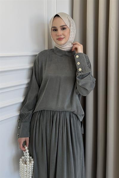 Kol Manşetli Etek Takım Su Yeşili