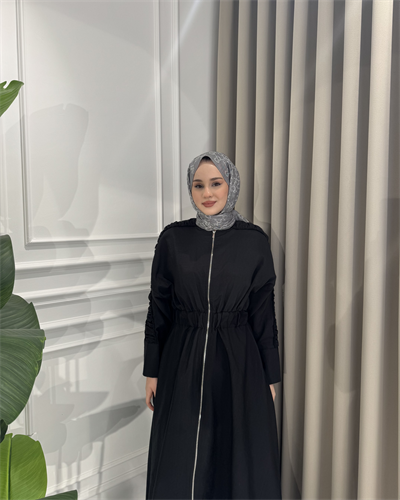 Kol ve Bel Büzgülü Elbise Siyah