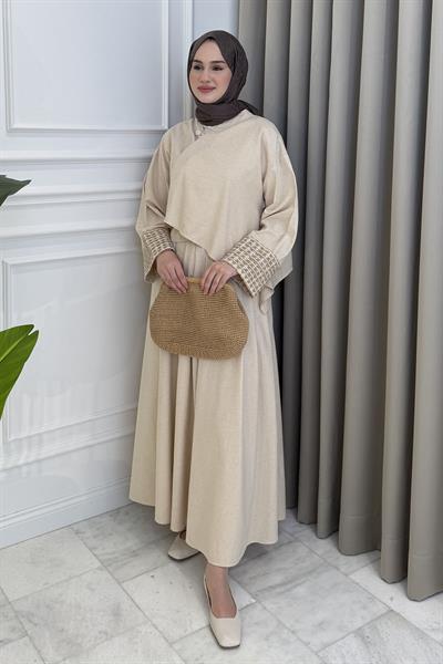 Manşet İşlemeli Kimono Etek Takım Taş
