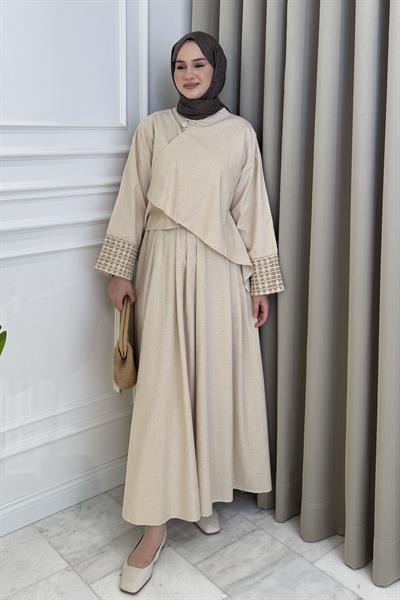 Manşet İşlemeli Kimono Etek Takım Taş