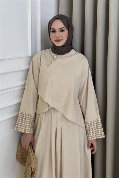 Manşet İşlemeli Kimono Etek Takım Taş
