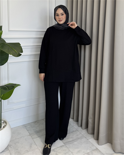 Nervürlü Eşofman Takım Siyah