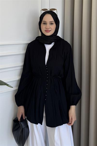 Nervürlü Kuşaklı Gömlek Siyah
