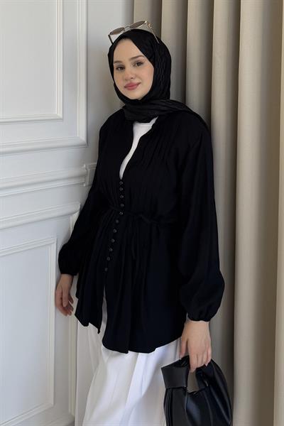 Nervürlü Kuşaklı Gömlek Siyah