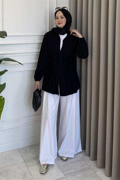 Nervürlü Kuşaklı Gömlek Siyah