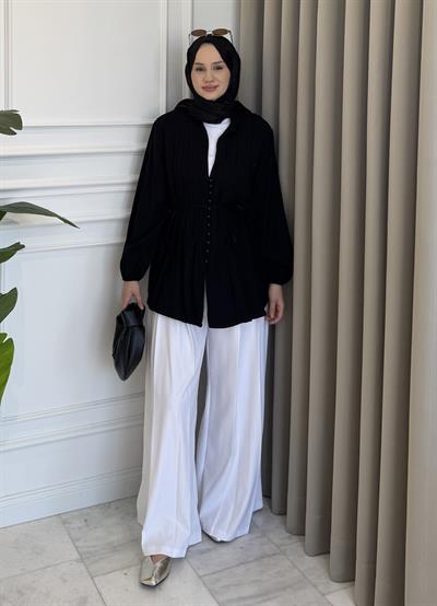 Nervürlü Kuşaklı Gömlek Siyah