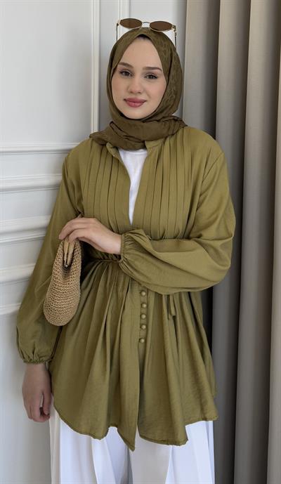 Nervürlü Kuşaklı Gömlek Yağ   Yeşili