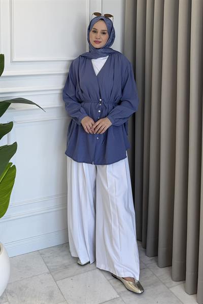 Omuz Pileli Dökümlü Gömlek İndigo