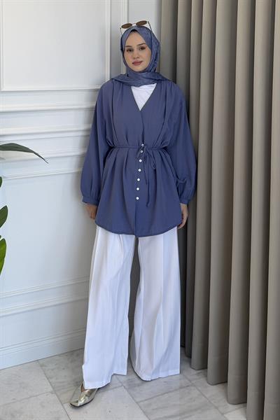 Omuz Pileli Dökümlü Gömlek İndigo