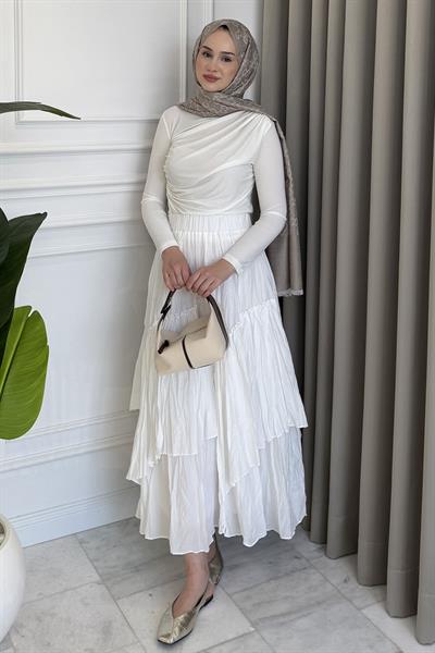 Parçalı Kloş Etek Beyaz