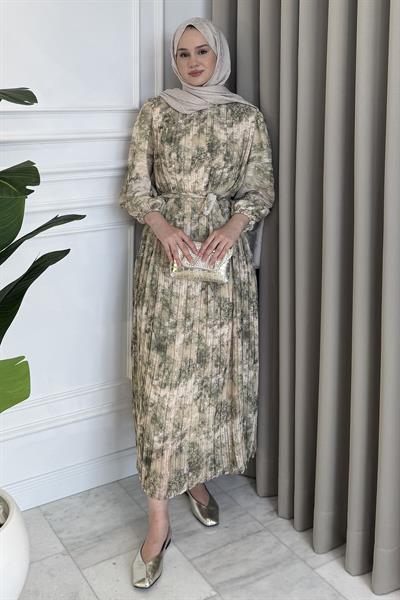 Piliseli Desenli Elbise Küf Yeşili