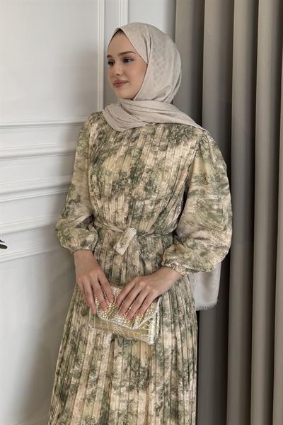Piliseli Desenli Elbise Küf Yeşili
