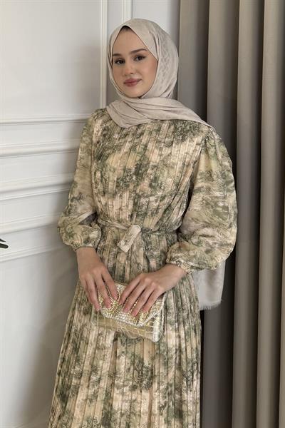 Piliseli Desenli Elbise Küf Yeşili