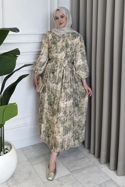 Piliseli Desenli Elbise Küf Yeşili