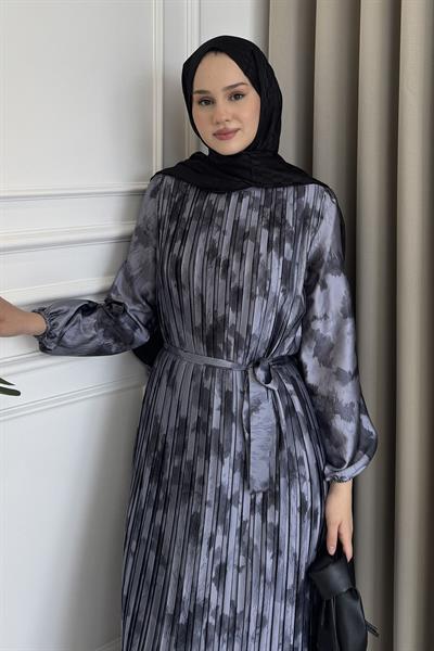 Piliseli Desenli Elbise Mor