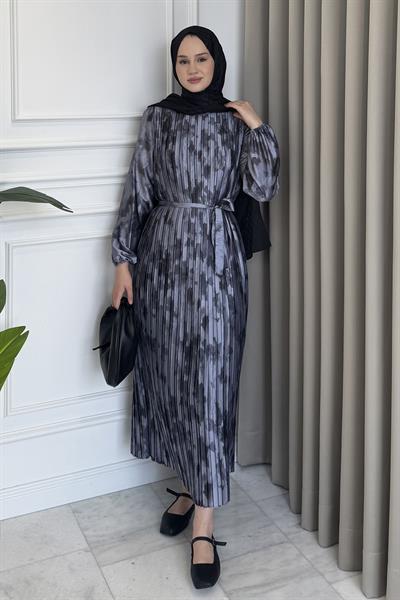 Piliseli Desenli Elbise Mor