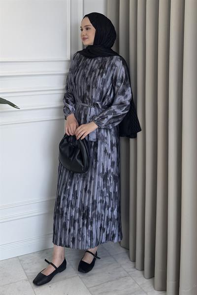 Piliseli Desenli Elbise Mor