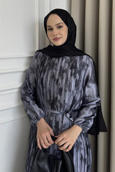 Piliseli Desenli Elbise Mor