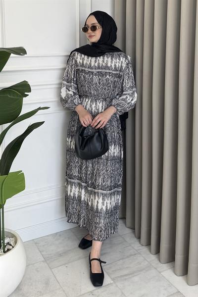 Piliseli Desenli Elbise Siyah