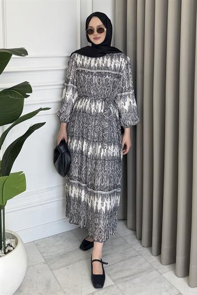 Piliseli Desenli Elbise Siyah