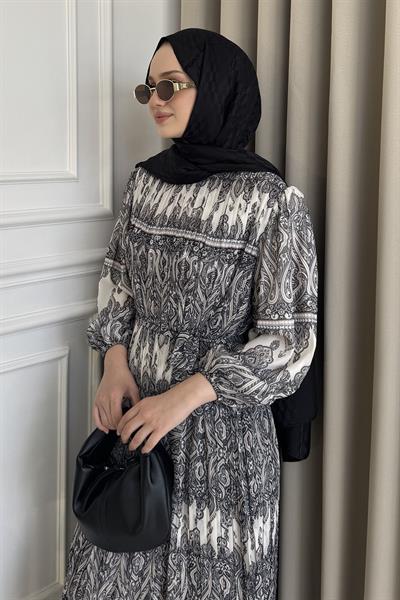 Piliseli Desenli Elbise Siyah