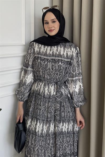 Piliseli Desenli Elbise Siyah