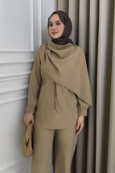 Şal Detaylı Pantolon Takım Vizon