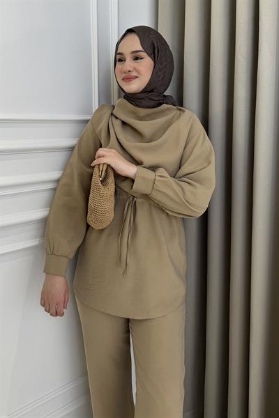 Şal Detaylı Pantolon Takım Vizon