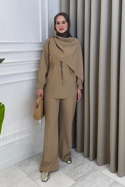 Şal Detaylı Pantolon Takım Vizon