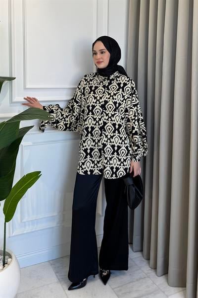 Saten Bol Paça Pantolon Siyah