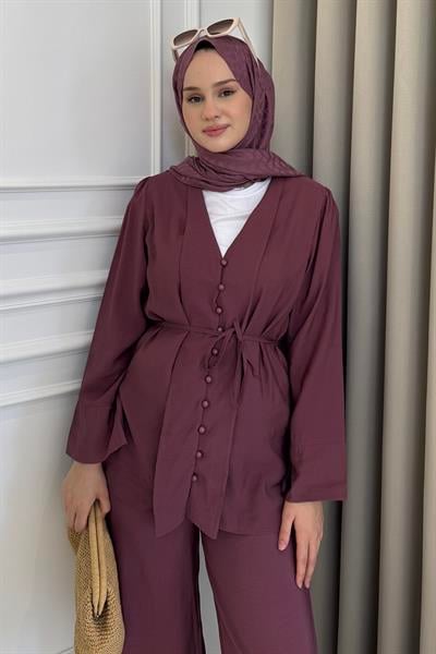 Sık Düğmeli Kuşaklı Pantolon Takım Mürdüm