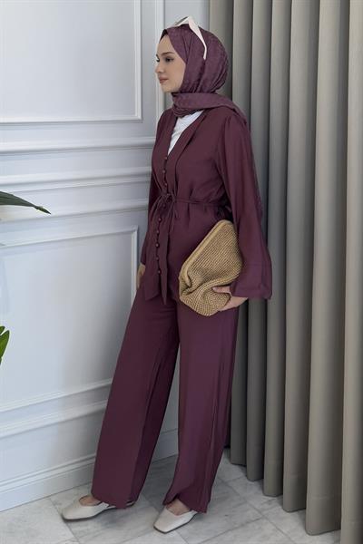 Sık Düğmeli Kuşaklı Pantolon Takım Mürdüm