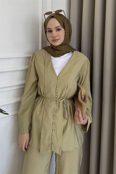 Sık Düğmeli Kuşaklı Pantolon Takım Yağ   Yeşili