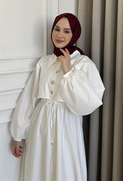 Tünel Bağlamalı Astarlı Elbise Beyaz