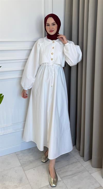 Tünel Bağlamalı Astarlı Elbise Beyaz