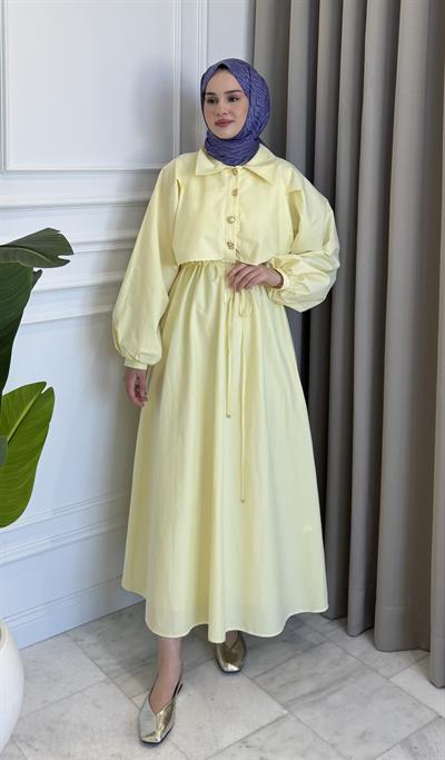 Tünel Bağlamalı Astarlı Elbise Sarı