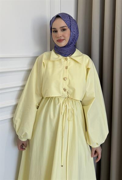 Tünel Bağlamalı Astarlı Elbise Sarı