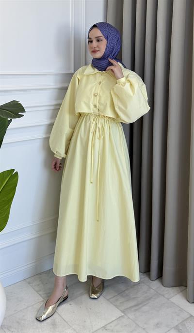 Tünel Bağlamalı Astarlı Elbise Sarı