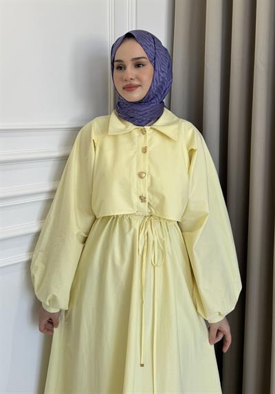 Tünel Bağlamalı Astarlı Elbise Sarı