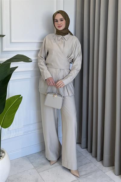 Yandan Bağlamalı Gömlek Pantolon Takım Bej