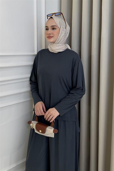 Yandan Yırtmaçlı Bol Kesim Eşofman Takım Füme
