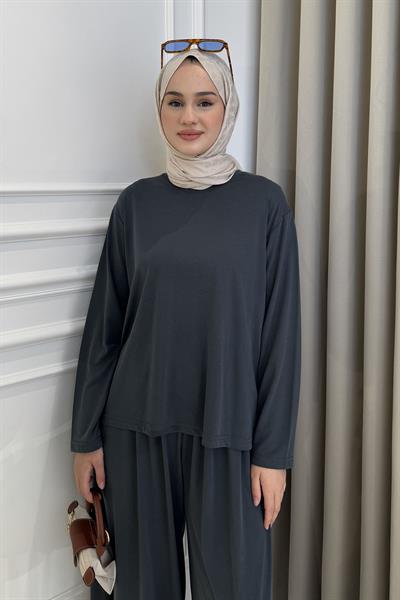 Yandan Yırtmaçlı Bol Kesim Eşofman Takım Füme