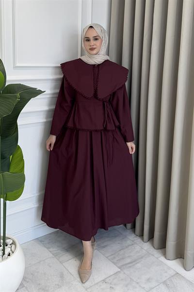 Zincir İşlemeli Bebe Yaka Etek Takım Bordo