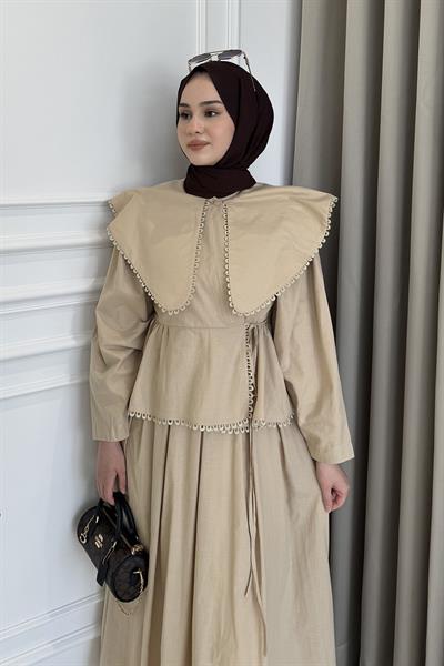 Zincir İşlemeli Bebe Yaka Etek Takım Bej