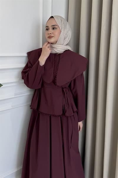 Zincir İşlemeli Bebe Yaka Etek Takım Bordo
