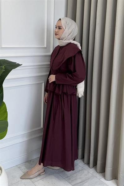 Zincir İşlemeli Bebe Yaka Etek Takım Bordo