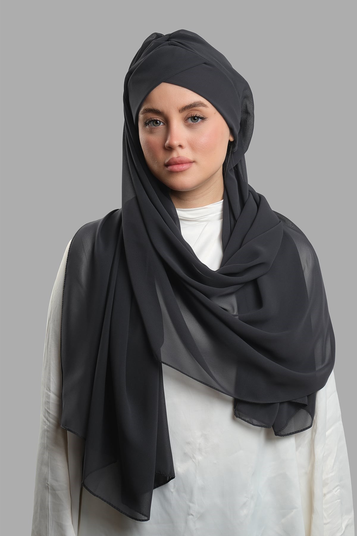 Antrasit Pratik Hazır Geçmeli Bone Şal Şifon Kendinden Boneli Tek Bantlı 1453_25