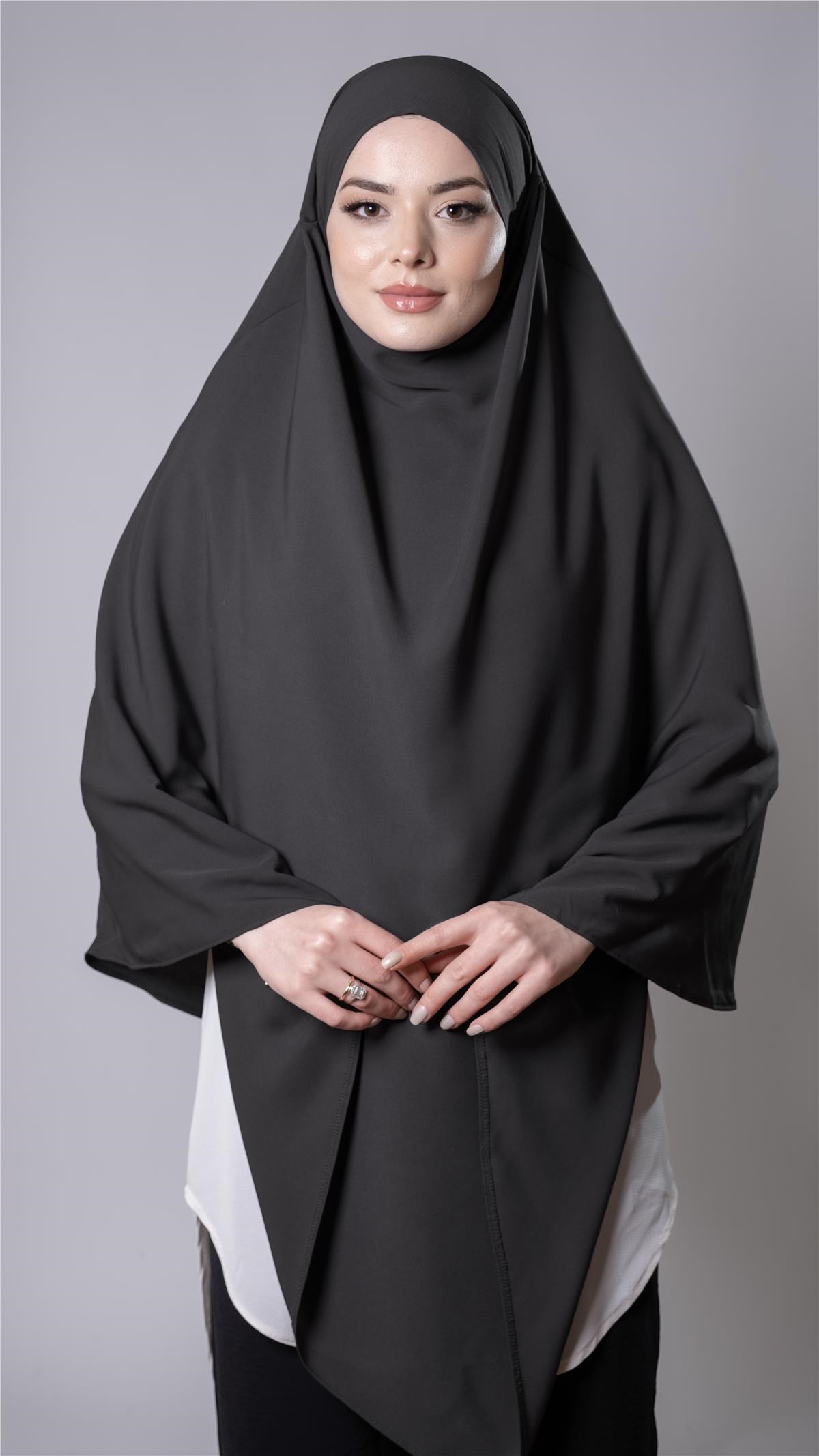 Antrasit Pratik Hazır Geçmeli Tesettür Eşarp Medine İpeği Bağcıklı Sufle Hijab 2301_25
