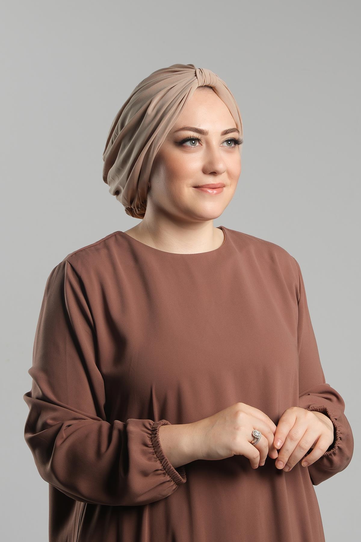 Bej Pratik Hazır Geçmeli Tesettür Bone Sandy Pileli Salaş 2121_12
